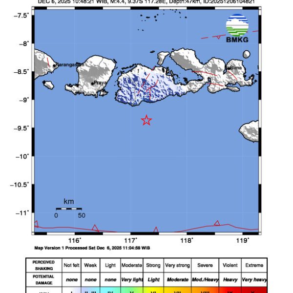 Gempa Berkekuatan 4,4 SR, pusat gempa berada di laut 83 km Tenggara Sumbawa Barat Gempa Berkekuatan 4,4 SR, pusat gempa berada di laut 83 km Tenggara Sumbawa Barat