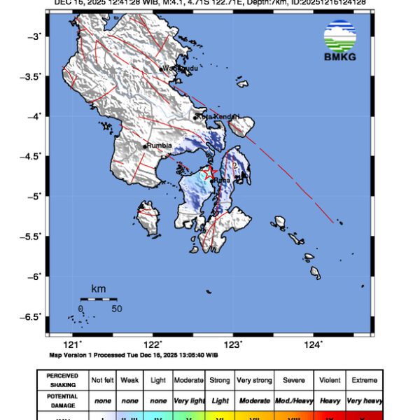 Gempa Berkekuatan 4,1 SR, pusat gempa berada di darat 14 km Utara MUNA-SULTRA