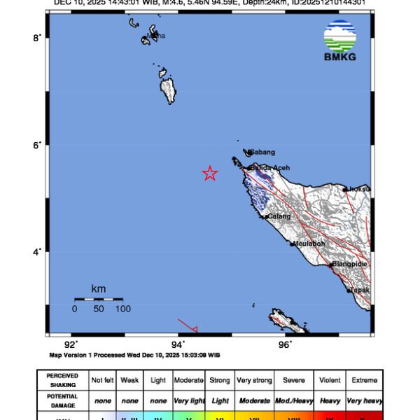 Gempa Berkekuatan 4,6 SR, pusat gempa berada di laut 94 km barat daya Kota Sabang Gempa Berkekuatan 4,6 SR, pusat gempa berada di laut 94 km barat daya Kota Sabang
